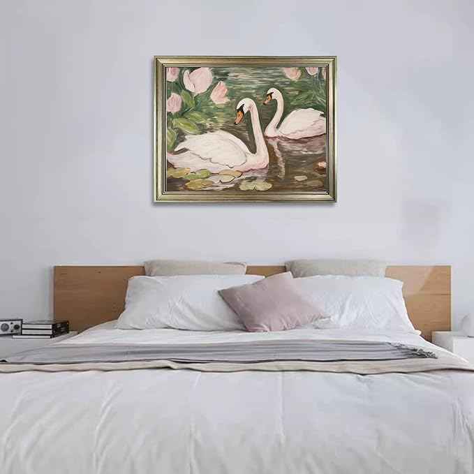 Swan Wall Art Vintage Framed Animal Wall Decor Pink and Green Girls Room Decor Girly Office Canvas Print Painting Home Artwork