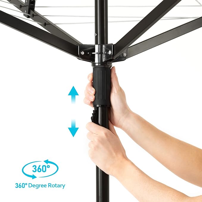 Nisorpa Rotary Outdoor Umbrella Drying Rack Adjustable Height Clothesline w/Waterproof Protective Cover Folding Rotary Dryer with 4-Aluminum Arms and Steel Post 12-Lines with 165 ft Clothesline