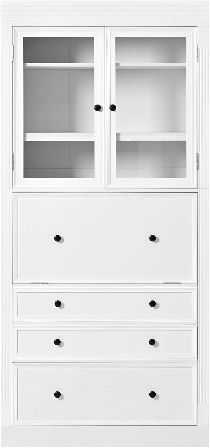 Merax 78 Inch Extra-Tall Freestanding Kitchen Pantry Storage Cabinet, Multifunctional Cupboard with 3 Drawers, Adjustable Shelves & Power Outlet Drop-Down Surface for Dining and Living Room, White