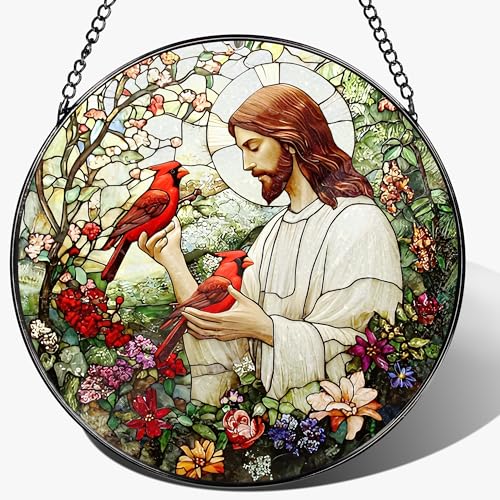 8 Inch Jesus with Cardinals Suncatcher Ornament
