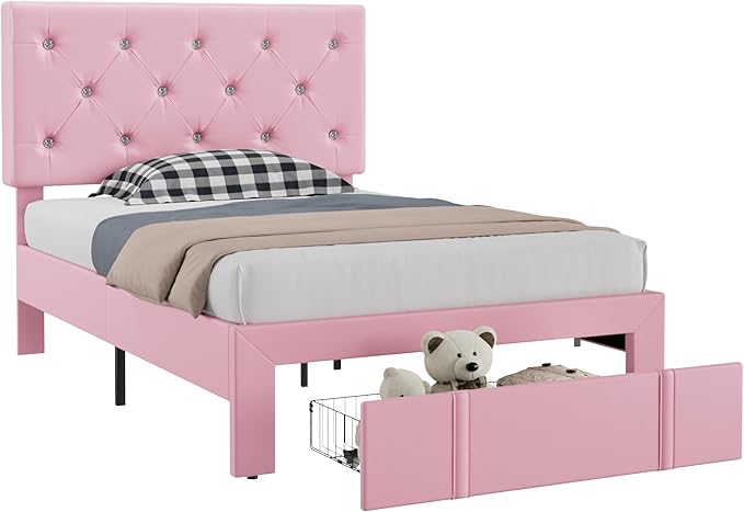 VECELO Twin Size Bed Frame with Storage Drawers, Leather Upholstered with Diamond Tufted Headboard, Solid Wood Slat Support, No Box Spring Needed, PU & Pink