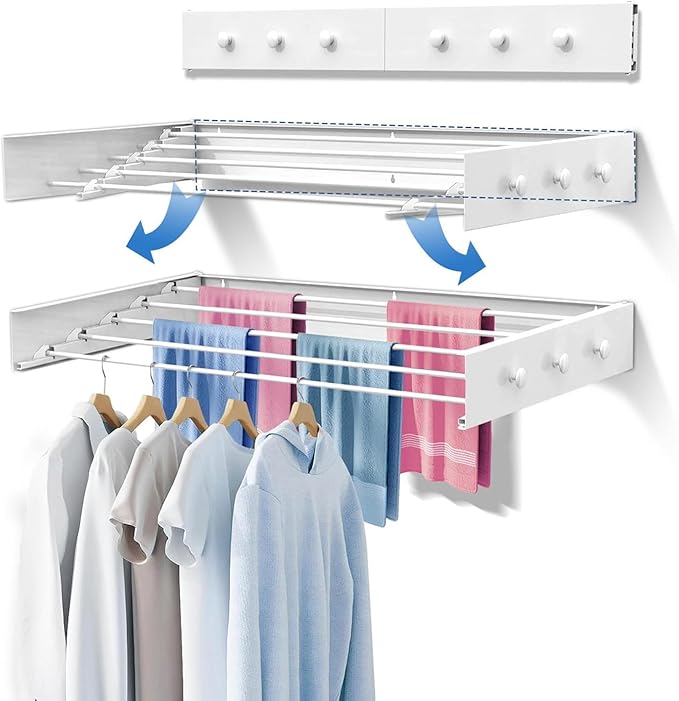 Upgrade 6 Knob Hooks Laundry Drying Rack Clothing, Wall Mounted Clothes Drying Rack 40" Wide, Large Foldable Collapsible Laundry Racks for Drying Clothes with Wall Template, 5 Aluminum Rods