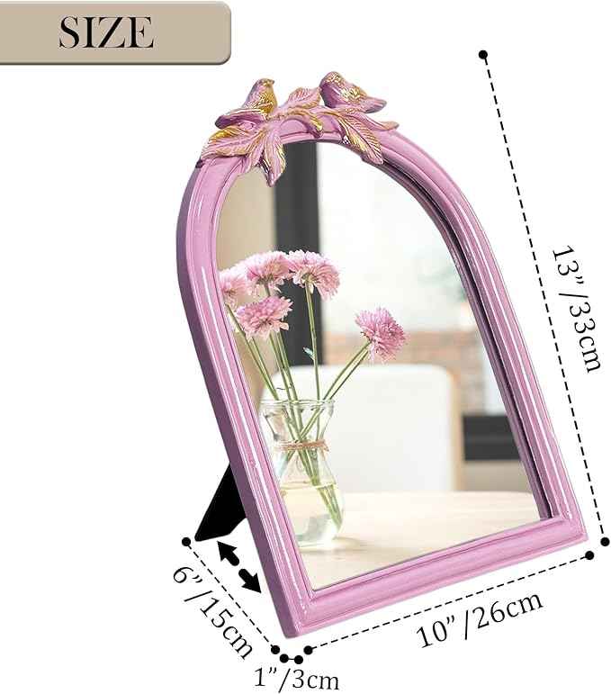 Pink Bird Bow Mirror - 13x10 Inch Perfect Elegant Decorative Accent, Wall-Mounted Tabletop Makeup Mirror for Nursery Baby Room Bedroom Decor