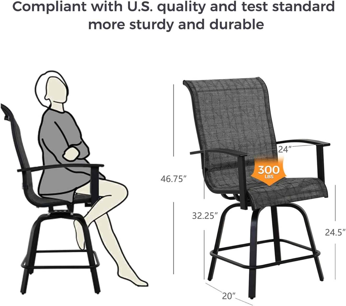 Grand patio Counter Height Swivel Bar Stools Set of 6, 24 Inch Height Patio Seating for BBQ Island Outdoor Kitchen Dining Stool Chair (Black & Grey Plaid, 6PC)