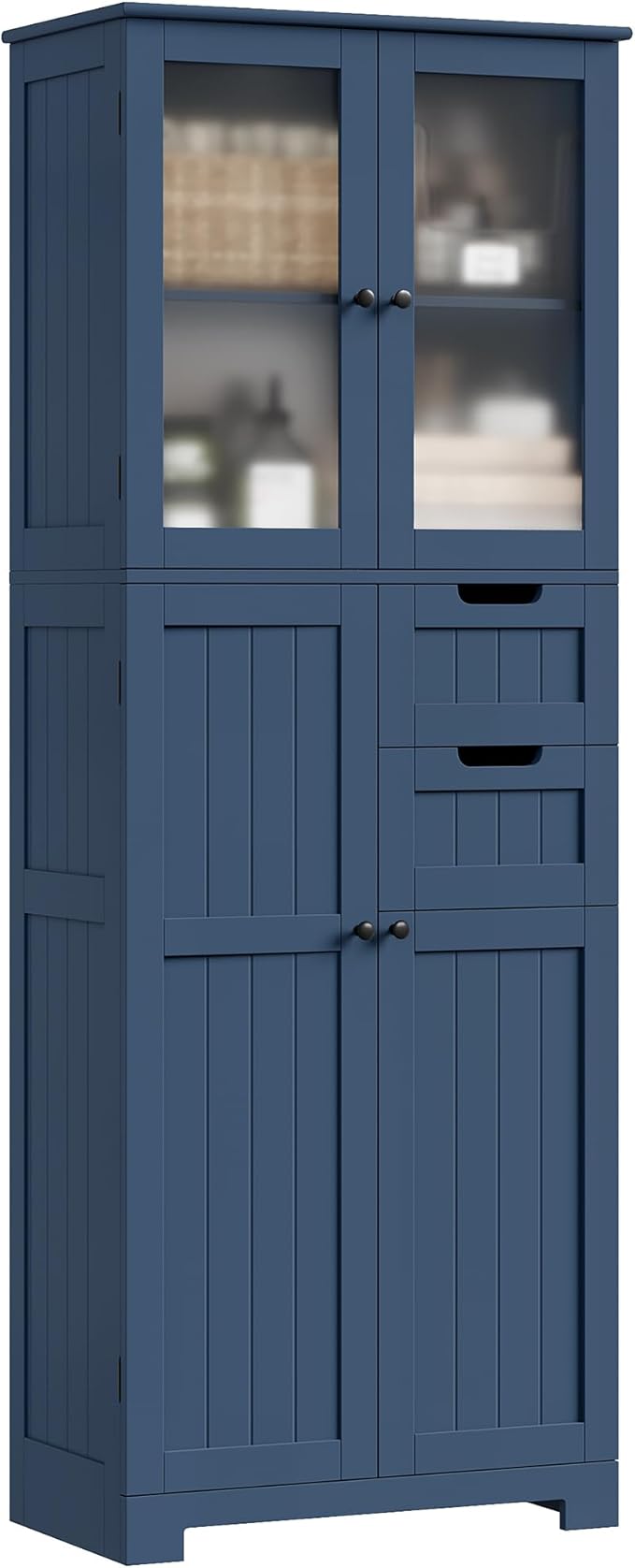 67'' Tall Bathroom Storage Cabinet, Linen Cabinet with Glass Doors and Adjustable Shelves, Kitchen Pantry with 2 Drawers for Bathroom, Living Room, Dining Room, Blue