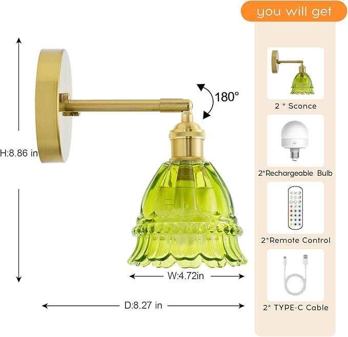 PASSICA DECOR Vintage Battery Operated Wall Sconces Set of 2 - Wireless Remote Control LED Wall Lights, Rechargeable USB-C, Dimmable 15 Colors, No Wiring, Lily Green Glass Shade Bedroom Kitchen