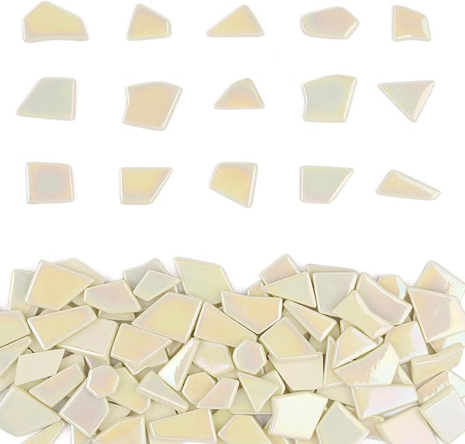 Youway Style Iridescent Cream Glass Mosaic Tiles for Crafs Bulk,200g Broken Stained Glass Pieces for Crafts DIY Mosaic Art Decor