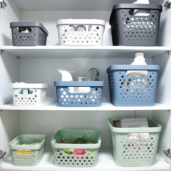 Glad Plastic Storage Basket Set, Value Pack of 6 | Open Storage Bins for Shelves, Bathroom, Pantry, Closet | Nesting Organizer Boxes with Handles, 4 Gallon, Marina Blue