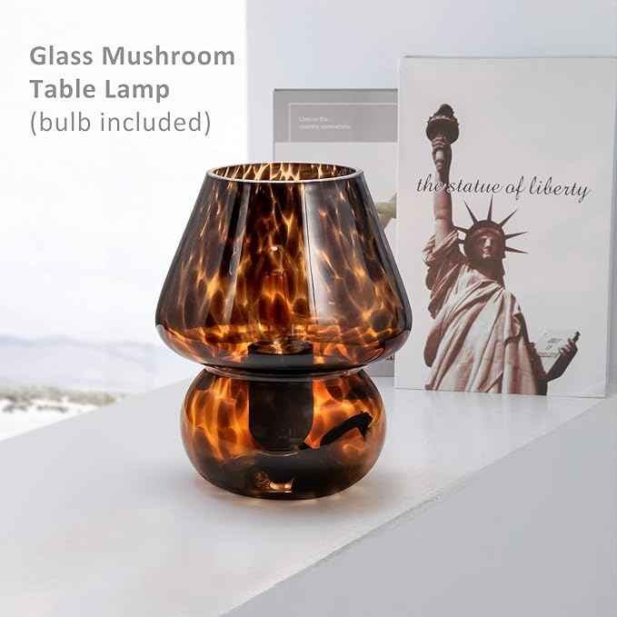 ONEWISH Mushroom Lamp Small Vintage Table Lamp for Bedroom Set of 2, Nightstand Bedside Lamp Translucent Glass Dimmable, Murano Aesthetic Home Decor for Living Room Kitchen Dorm(Black)
