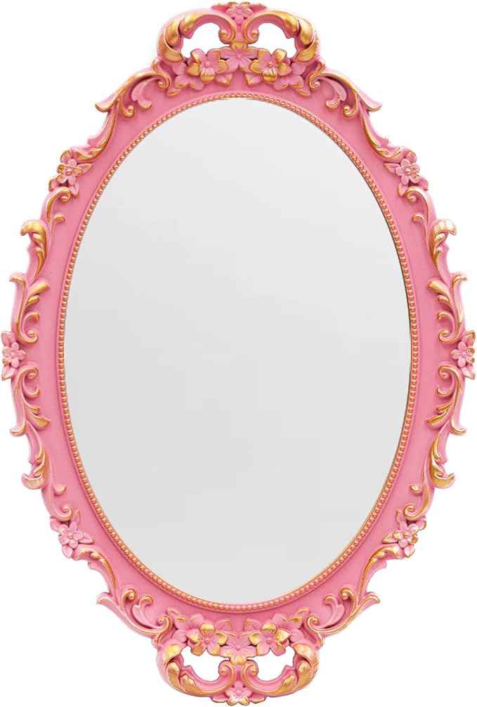 Vintage Decorative Pink Framed Mirror, Wall Hanging Mirrors & Tabletop Tray for Bedroom Living Room Dresser Decor, Oval- 9.6" W x 14.3" L (Pink)