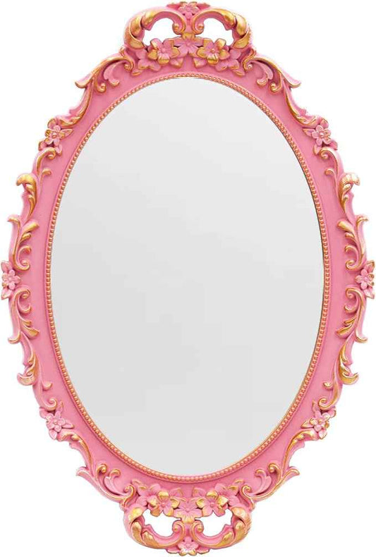 Vintage Decorative Pink Framed Mirror, Wall Hanging Mirrors & Tabletop Tray for Bedroom Living Room Dresser Decor, Oval- 9.6" W x 14.3" L (Pink)