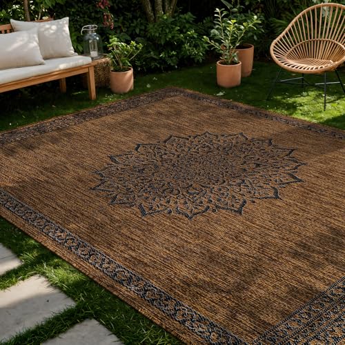 Outdoor Rug 5x7 Medallion Gold Modern Area Rugs for Indoor and Outdoor Patios Kitchen and Hallway Mats Washable Porch Deck Outside Carpet (35 Sq Ft)