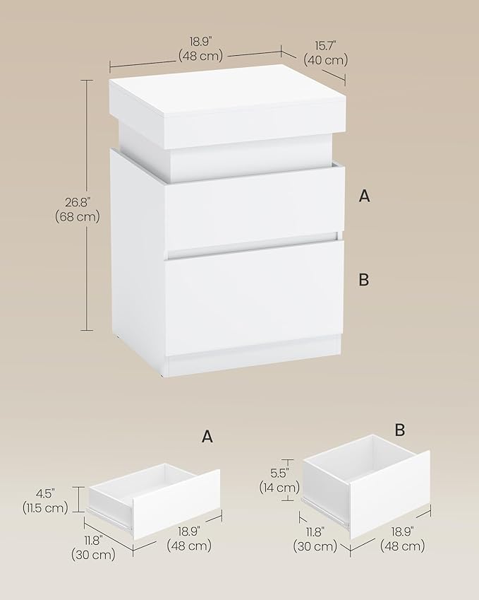 VASAGLE Kailyn Collection - Nightstands with Power Outlets, Sliding Lid, Modern Bedside Tables with LED Lights, End Tables, 2 Drawers, Set of 2, 15.7 x 18.9 x 26.8 Inches, Cloud White ULET650WB01S-2J