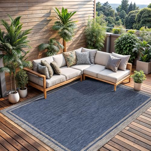 Outdoor Rug 9x12 Bordered Navy Blue Gray Modern Large Area Rugs for Indoor and Outdoor Patios (108 Sq Ft)