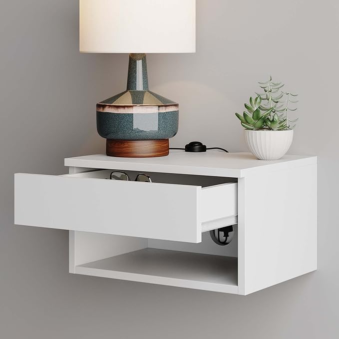 Nathan James Jackson Wall Mounted Floating Bedroom Nightstand with Storage Drawer and Modern Open Shelf Cubby Set of 2, White