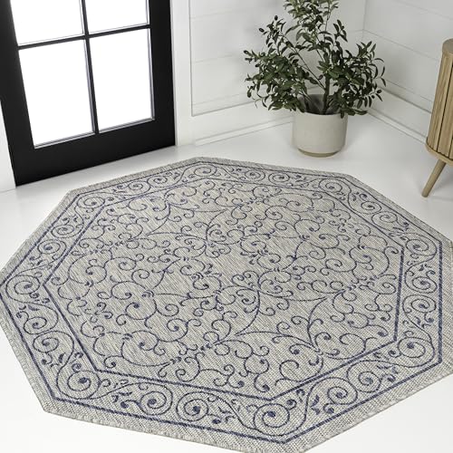 Vintage Filigree Indoor Outdoor Octagon Area Rug 8 Ft Gray