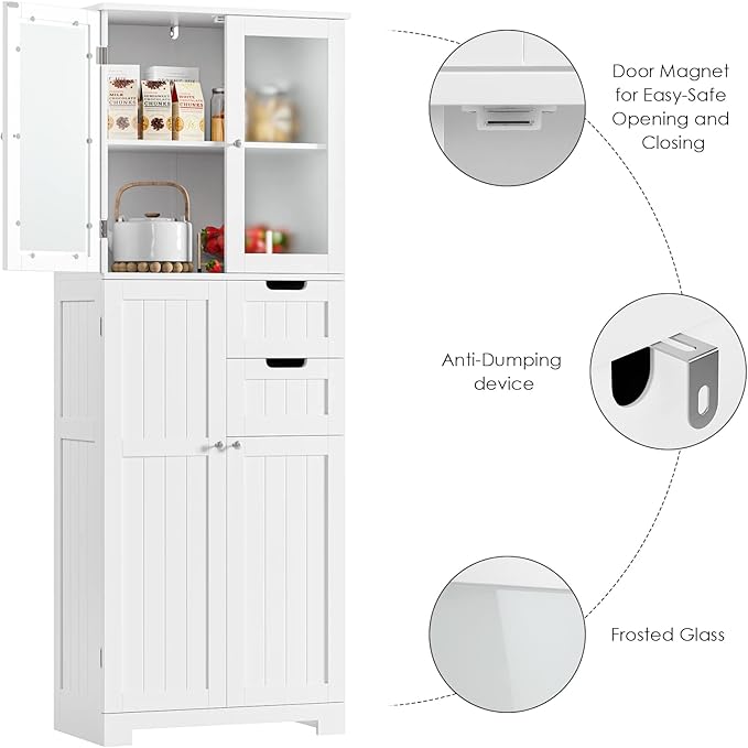 67'' Tall Bathroom Storage Cabinet, Linen Cabinet with Glass Doors and Adjustable Shelves, Kitchen Pantry with 2 Drawers for Bathroom, Living Room, Dining Room, White