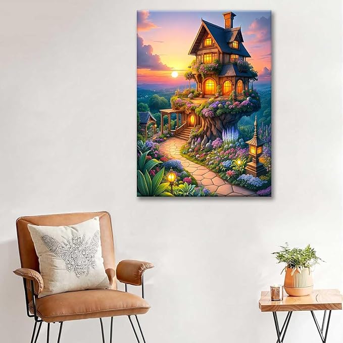 Paint by Numbers Kit for Adults Framed, Whimsical Treehouse Cottage at Sunset, DIY Oil Painting, Pre-Printed Canvas Wall Art Home Decor Gift, 16x20inch Framed, 24 Colors