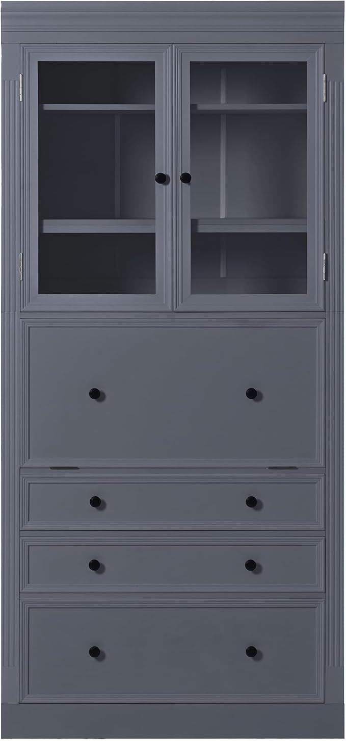 Merax 78 Inch Extra-Tall Freestanding Kitchen Pantry Storage Cabinet, Multifunctional Cupboard with 3 Drawers, Adjustable Shelves & Power Outlet Drop-Down Surface for Dining and Living Room, Grey