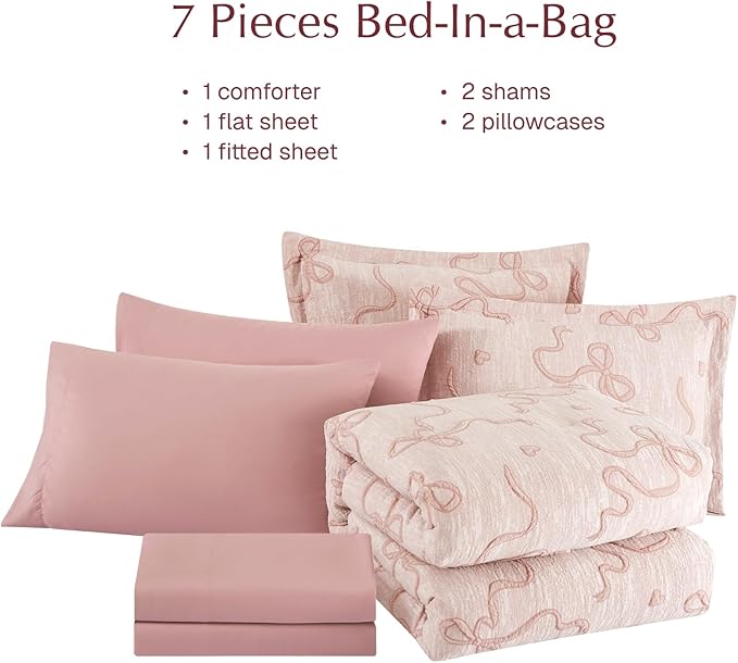 Geniospin Pink Full Comforter Set for Girls- 7 Pieces Bowknot Jacquard Bed in A Bag Full Bedding Sets with Sheets, Pillowcases & Shams, All Season Kids Comforter Set