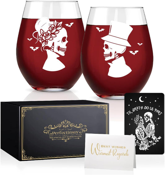 Perfectinsoy Skull Wine Glass 2 Piece with Gift Box, Zombie Design, Valentine's Day Autumn Halloween, Anniversary Wedding Gifts, Couple Gifts for Boyfriend and Girlfriend. (Skull Set of 2 A)
