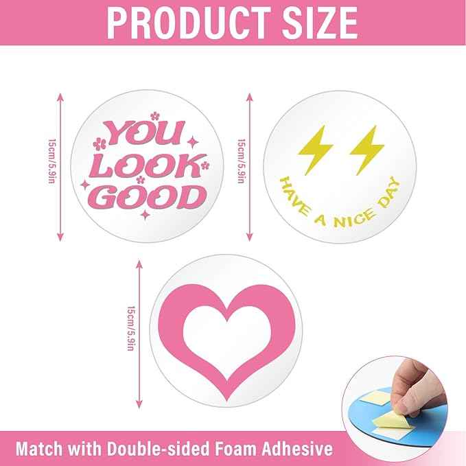 DARENYI 6 Inch Preppy Mirror Tiles for Teen Girls Room Decor, 3Pcs Round Acrylic Wall Stickers, Self Adhesive Sheets for Bathroom, Bedroom, Living Room
