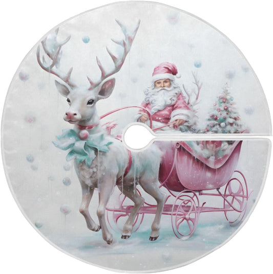 Christmas Tree Skirt - 36 Inch Santa Claus Pink Reindeer Xmas Tree Mat for New Year Party Decorations