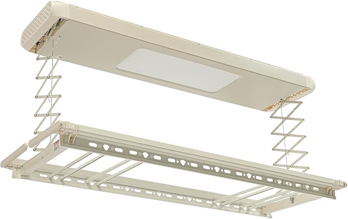Electric Retractable Airing Rack, Ceiling Mounted Clothes Drying Rack, Retractable Clothesline, Vertical Laundry Drying Rod with LED Light & Remote, 110V 24W, Off-White Color