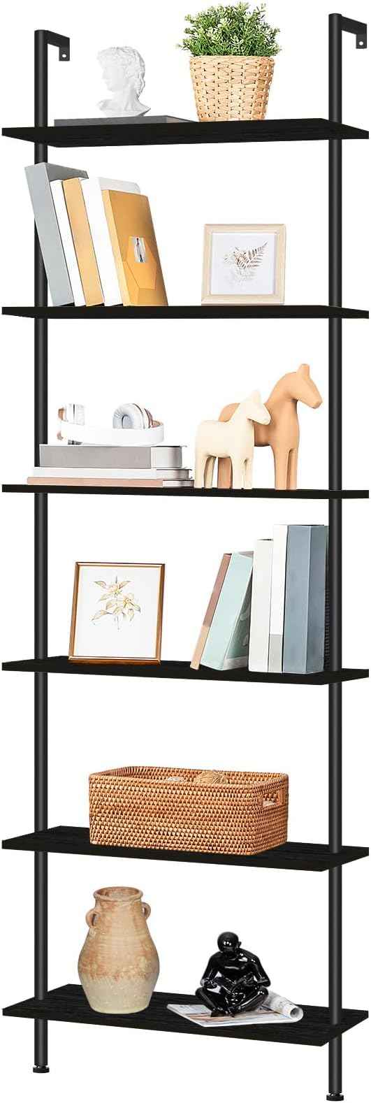 HOOBRO DIY Ladder Shelf, 6-Tier Wall Mounted Bookshelf, Office Vertical Bookcase, Wooden Storage Shelves for Home Office, Bedroom, Black BB65CJ01