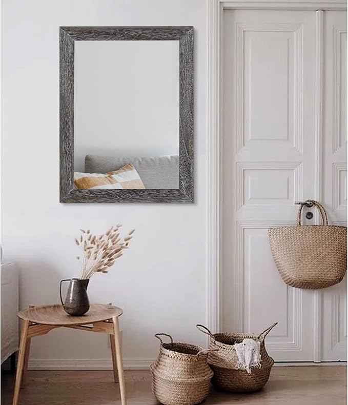 AAZZKANG Wall Mirror with Rectangle Wood Frame Large 26"x18" Rustic Decorative Hanging Mirrors for Bedroom Bathroom Living Room Home Office