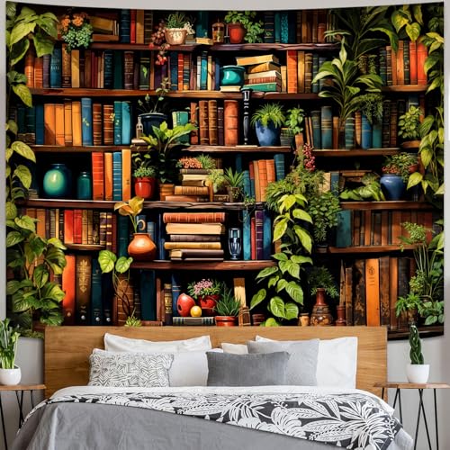 Botanical Bookshelf Tapestry Lush Green Plant Book Shelf Tapestries Wall Hanging Art Vintage Retro Potted Plants Academics Small Library Tapestry for Bedroom Living Room Dorm 60 x 44 inch