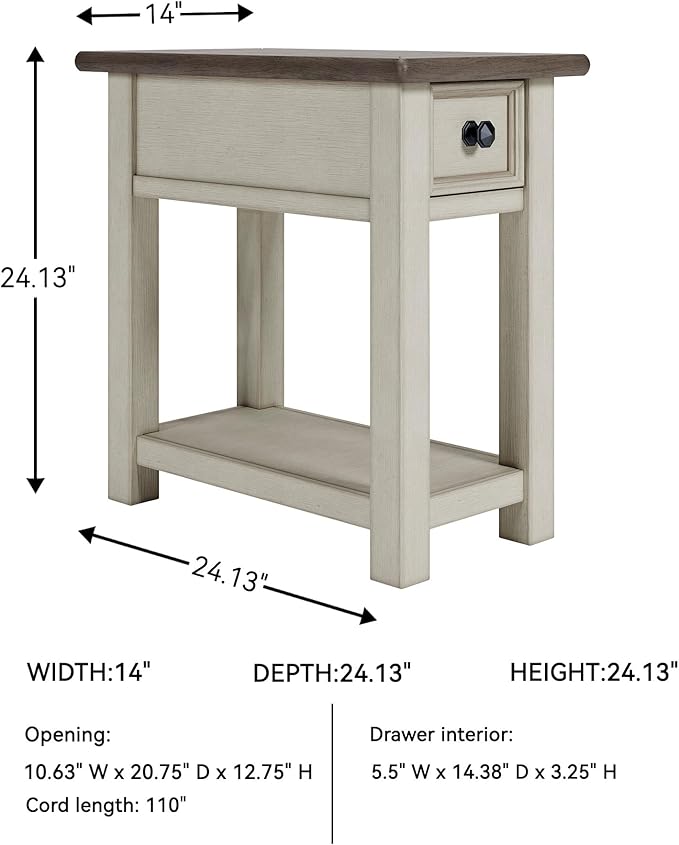 Signature Design by Ashley Bolanburg Chair Side End Table , USB Charging Ports, Drawer, Oak Wood, 14" W x 24.13" D x 24.13" H, 2-Tone Light Brown & Whitewash