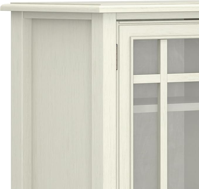 SIMPLIHOME Connaught Storage Cabinet - 46 inch Wide Solid Wood Tall Cabinet in Antique White, Traditional Console for Living Room or Dining Room with Glass Doors, Adjustable Shelves, and Drawers