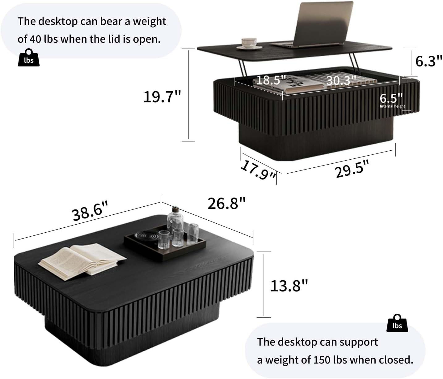 Lift Top Coffee Table with Storage, Solid Wood Coffee Table with Adjustable Height, Fluted Center Table Accent Tea Table for Living Room, Apartment, Office (38.6" Black)