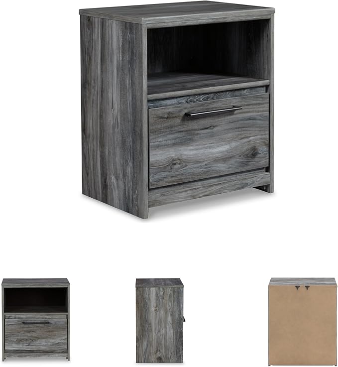 Signature Design by Ashley Baystorm Rustic Coastal 1 Drawer Nightstand with 1 Open Cubby & 2 Slim-Profile USB Charging Stations, 24.45" Tall, Smoky Gray