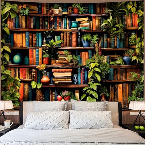 Botanical Bookshelf Tapestry Lush Green Plant Book Shelf Tapestries Wall Hanging Art Vintage Retro Potted Plants Academics Small Library Tapestry for Bedroom Living Room Dorm 60 x 44 inch