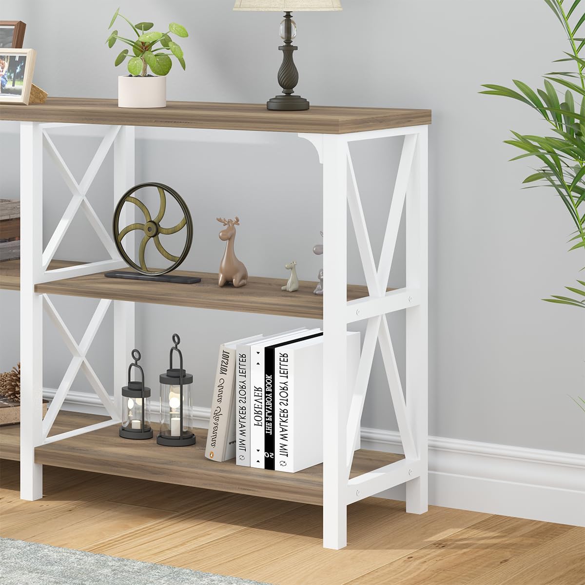 LVB Farmhouse Entryway Table, Industrial Wood Sofa Table with Storage Shelf, Modern Console Tables Behind Couch for Living Room, Wooden Hallway Foyer Table for Front Entry, White Rustic Oak, 55 Inch