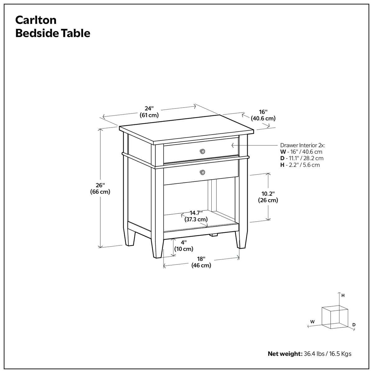 Carlton 24" Wide Solid Wood Bedside Table in Black