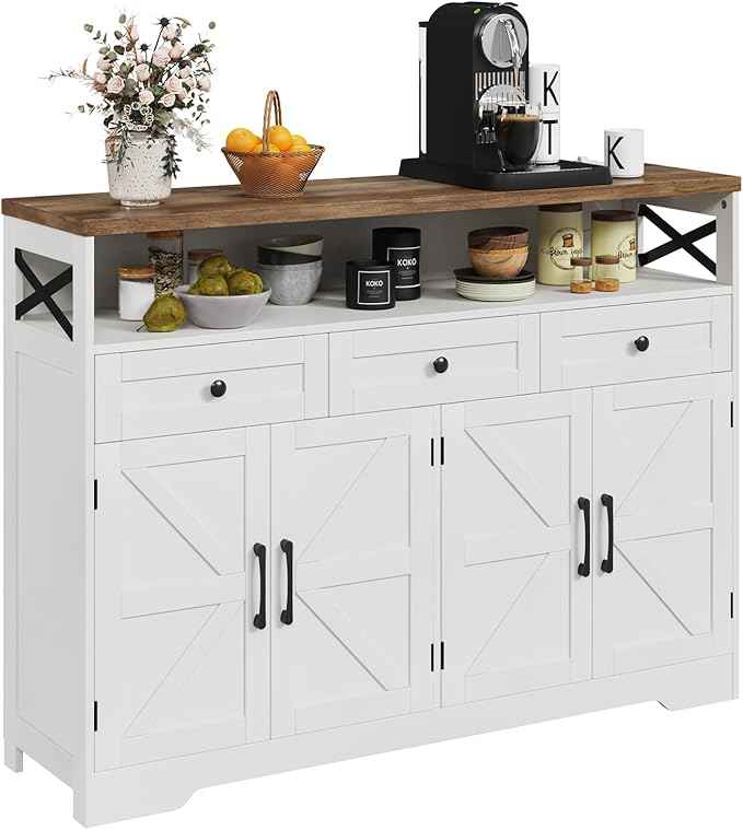 Farmhouse Buffet Cabinet with Drawers & Open Shelf, Sideboard Storage Cabinet, Kitchen Hutch Pantry, Wood Coffee Bar Station for Kitchen, Living Room, Hallway, 52" L White