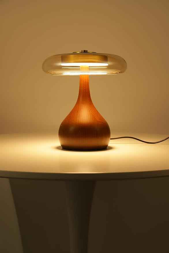 Small Table Lamp for Bedroom-Wooden Base Teardrop Mushroom Table Lamps,Amber Glass Shade,LED Three Color Temperature Adjustable Brightness Modern LED Side Table and Desk Lighting(H 9.7 in)