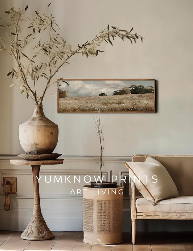 Vintage Farmhouse French Country Bedroom Wall Decor Above Bed - 10x30" - Horizontal Wall Art Over the Bed - Panoramic Landscape Picture Sign, Canvas Oil Painting Long Narrow Autumn Meadow Print Poster