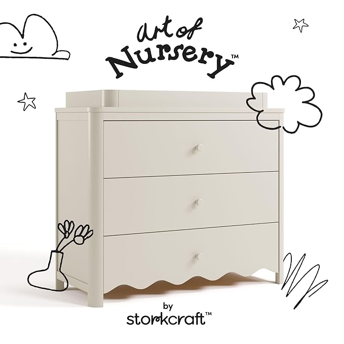 Storkcraft Casablanca 3 Drawer Chest with Removable Changing Topper (Frosted Oat) – GREENGUARD Gold Certified Wood Dresser for Baby & Kids, Interlocking Drawer System for Safety