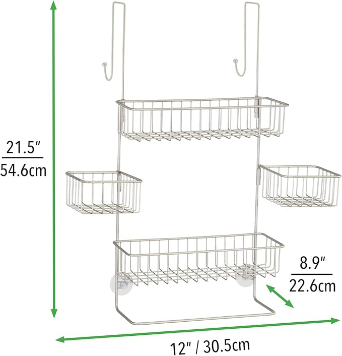mDesign Steel Over The Door Shower Caddy - Hanging Shower Organizer Rack w/ 4 Baskets, 2 Hooks - in-Shower Hanging Caddy for Bathroom - Over Door Shower Caddy Hanger - Klypon Collection - Matte Satin