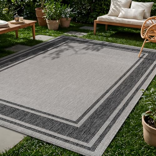 Large Outdoor Rug 9x12 Modern Bordered Area Rugs for Indoor and Outdoor Patio Deck Porch Garden Waterproof Weather Sun Resistant Washable Outside Carpet (108 Sq Ft)