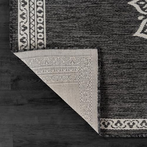 Outdoor Rug 10x14 Medallion Darkgray Modern Large Area Rugs for Indoor and Outdoor Patios Kitchen and Hallway Mats Washable Porch Deck Outside Carpet (140 Sq Ft)