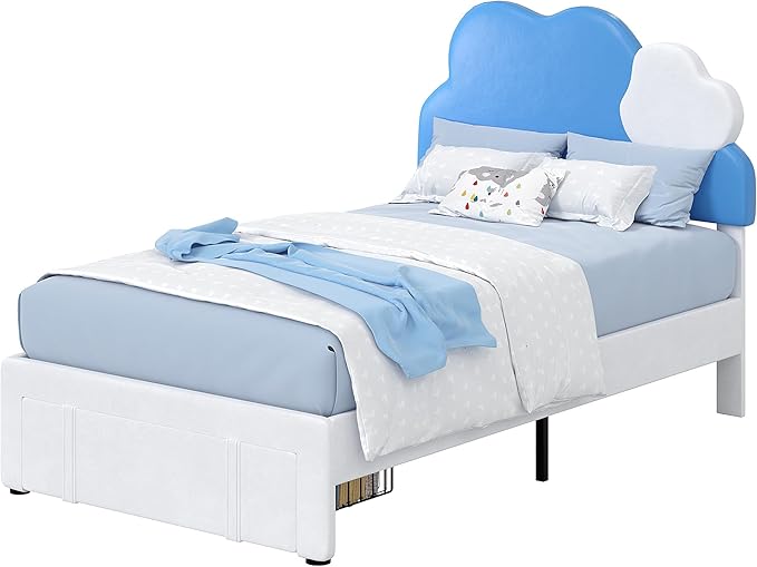 VECELO Twin Size Bed Frame, Upholstered Platform Bedframe with Height Adjustable Cloud-Shaped Headboard, Strong Wood Slat Supports, No Box Spring Needed, Blue