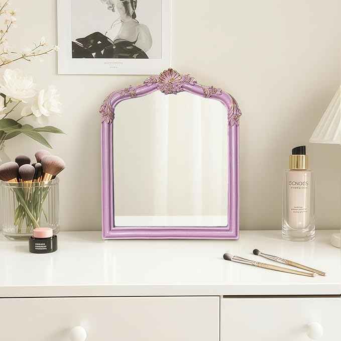 Pink Flower Bow Mirror - 13x10 Inch Perfect Elegant Decorative Accent, Wall-Mounted Tabletop Makeup Mirror for Nursery Baby Room Bedroom Decor
