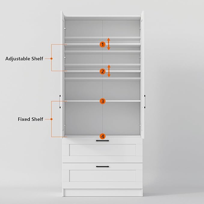 White Tall Kitchen Pantry Cabinet Organizers and Storage with Doors and Drawer and Adjustable Shelves，Wood Large Gabinetes Para Cocina Office Bookshelf for Laundry Room Cabinets (31.5”W*15.7”D*71”H)