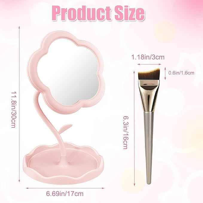 Vanity Mirror, Desk Flower Compact Adjustable Desk Mirror, Office Cubicle with Jewelry Tray & Foundation Brush, Cute Makeup Mirror with Standing, Home Decor for Bedroom Living Room Dormitory(Pink)