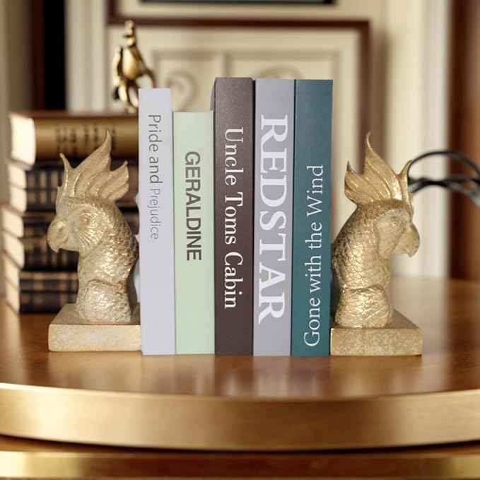 Golden Parrot Decorative Bookends,Set of 2 Cute Bird Animal Sculpture Book Ends to Hold Hevay Duty Books,Unique Resin Statues Book Stopper for Home Office Desk Bookshelf Decor